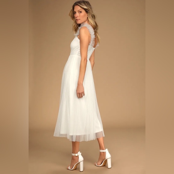 Lulu’s Divine Invitation White Cream Dot Tulle Ruffle Fun Midi Bridal Dress - Picture 4 of 10